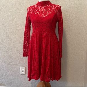 Free People Red Lace Long-sleeve dress